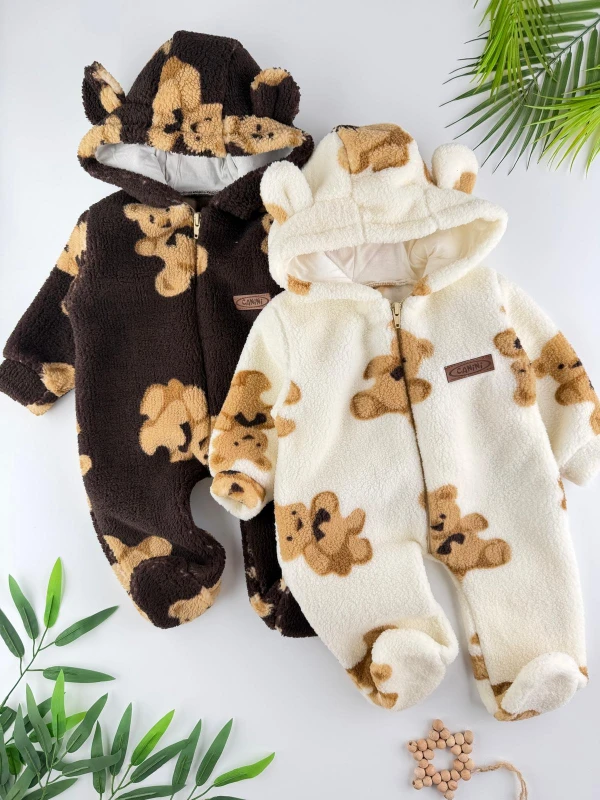 Wellsoft Peluş Unisex Fermuarlı Kışlık Bebek Uyku Tulumu Ayıcık Baskılı Bebek Tulumu Çocuk Tulumu - KREM