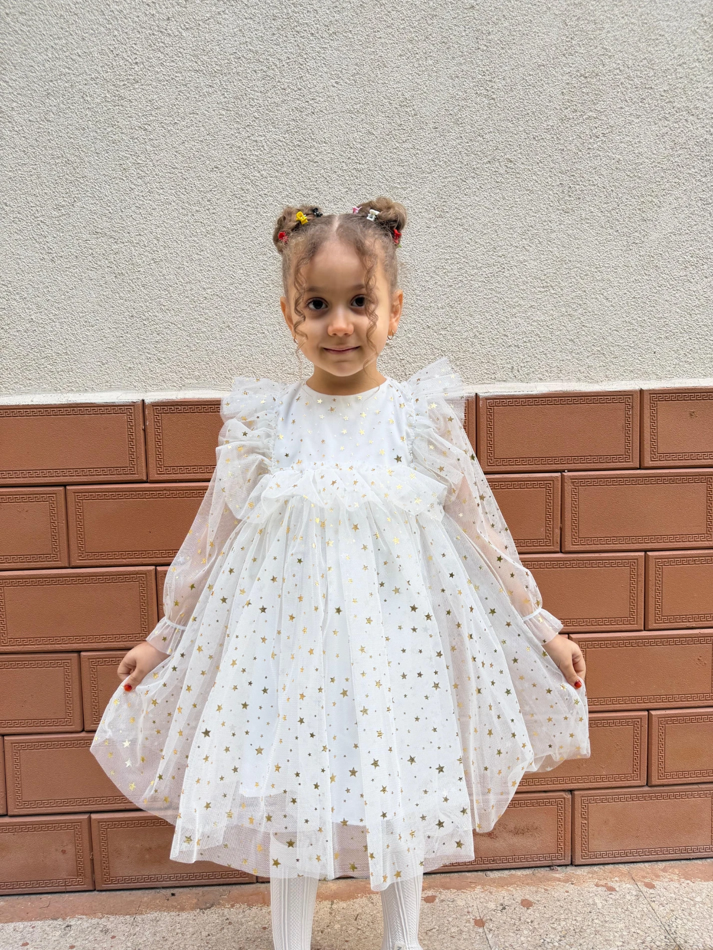 Kız Bebek Çocuk Yıldızlı Tüllü Uzun Kollu Penye Astarlı Doğum Günü Özel Gün Parti Bayramlık Elbise - BEYAZ