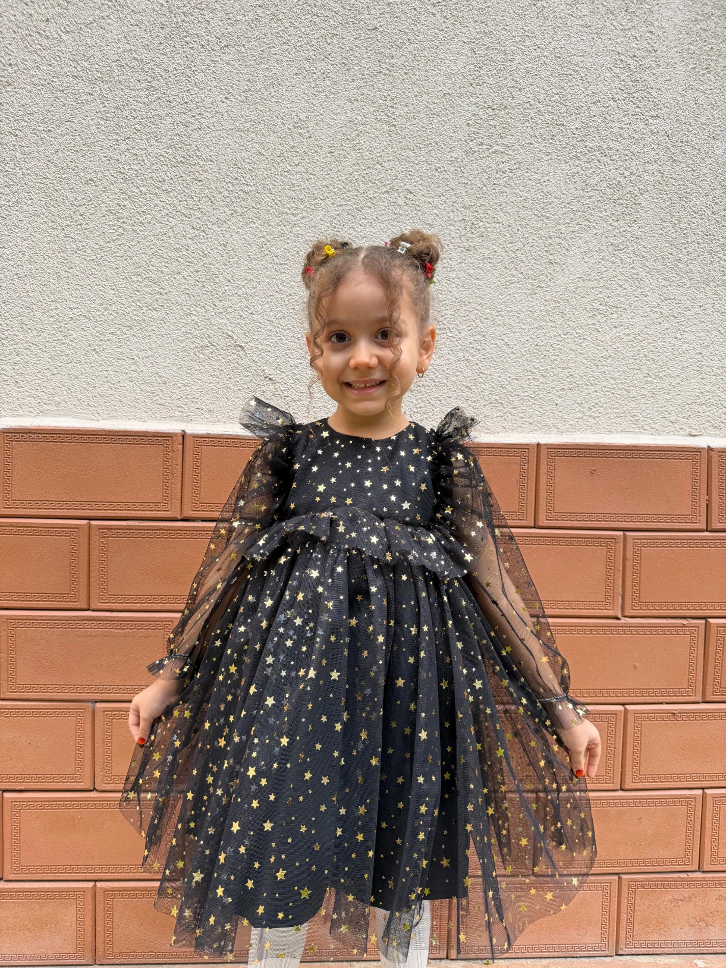 Kız Bebek Çocuk Yıldızlı Tüllü Uzun Kollu Penye Astarlı Doğum Günü Özel Gün Parti Bayramlık Elbise - SİYAH