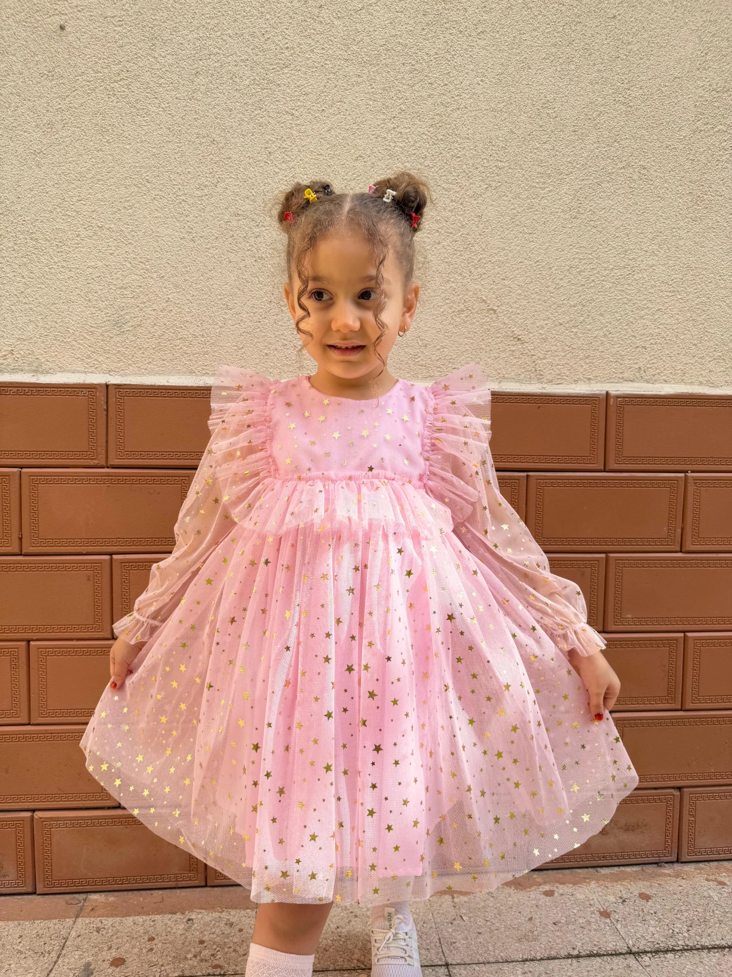 Kız Bebek Çocuk Yıldızlı Tüllü Uzun Kollu Penye Astarlı Doğum Günü Özel Gün Parti Bayramlık Elbise - PEMBE