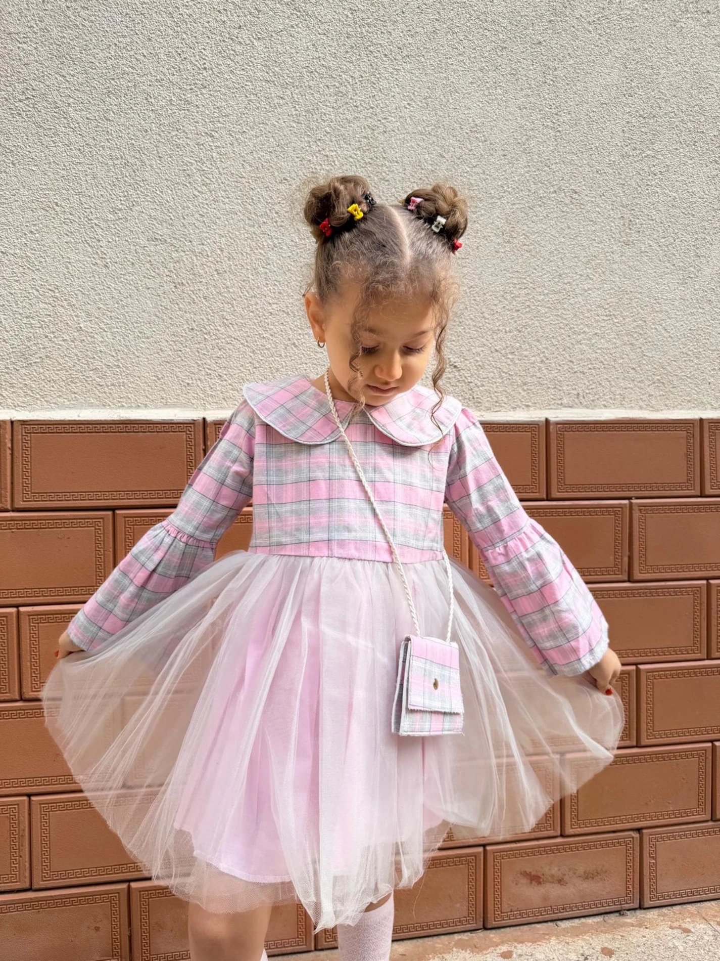  Kız Bebek Elbise Uzun Kollu Çantalı Doğum Günü Parti Düğün Özel Gün Abiye Kız Çocuk Elbise - PEMBE