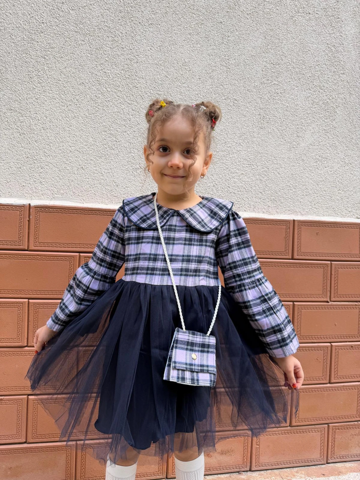  Kız Bebek Elbise Uzun Kollu Çantalı Doğum Günü Parti Düğün Özel Gün Abiye Kız Çocuk Elbise - MOR