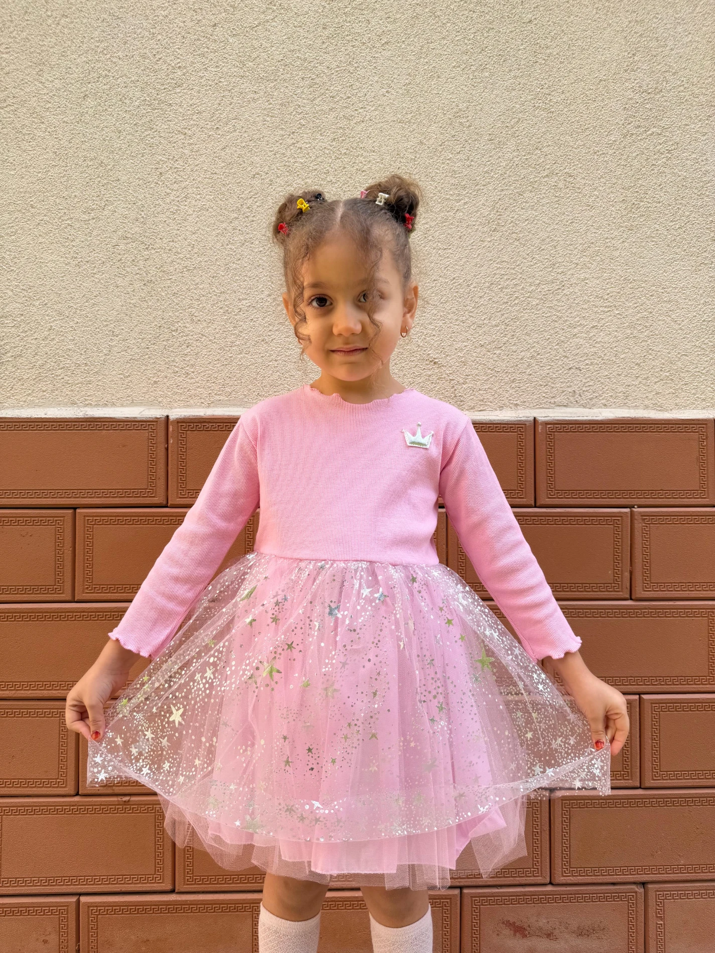  Kız Bebek Elbise Uzun Kollu Prenses Yıldız Doğum Günü Parti Düğün Özel Gün Abiye Kız Çocuk Elbise - PEMBE