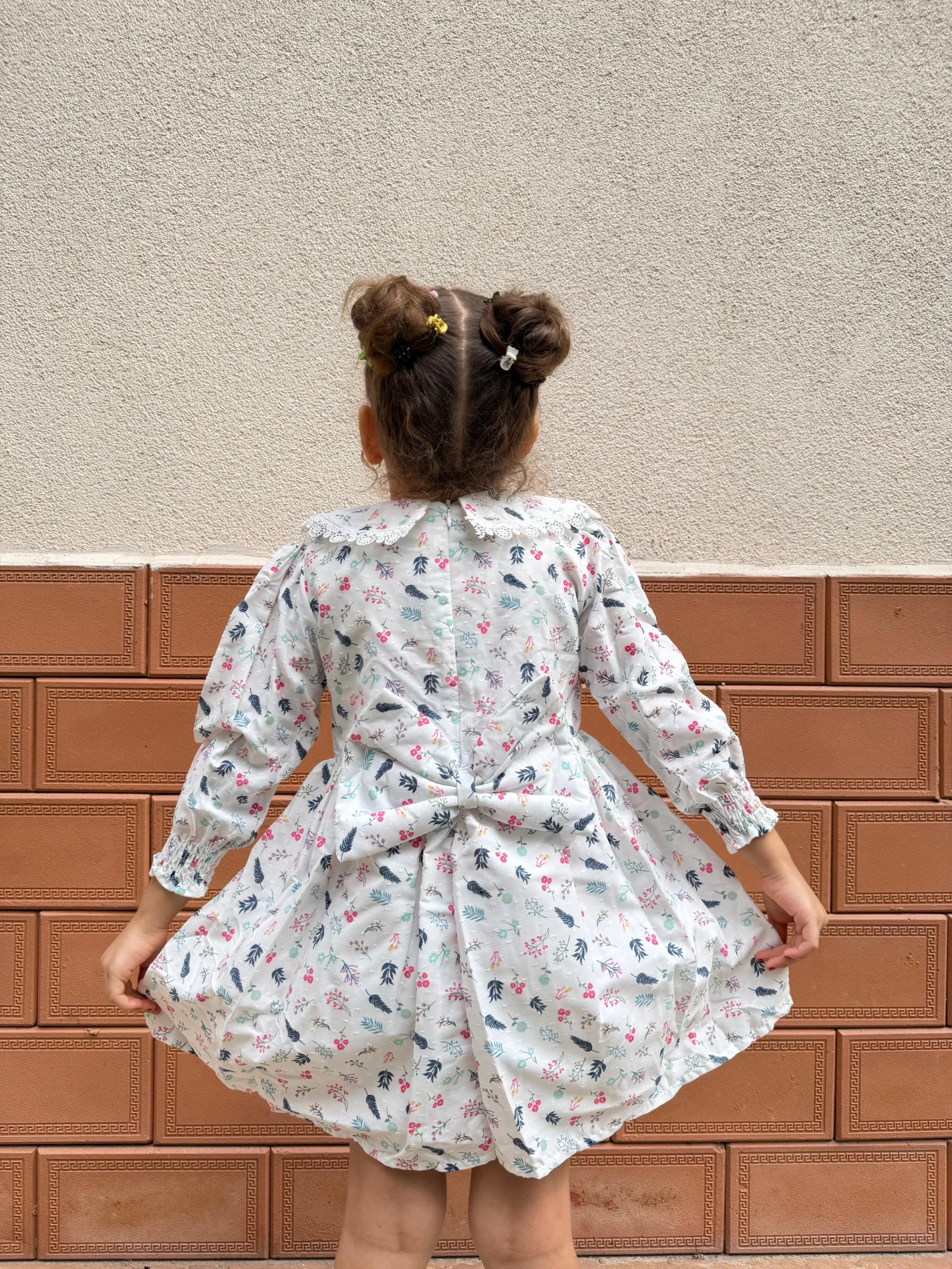  Kız Bebek Elbise Uzun Kollu Yaprak Baskılı Doğum Günü Parti Düğün Özel Gün Abiye Kız Çocuk Elbise - MAVİ