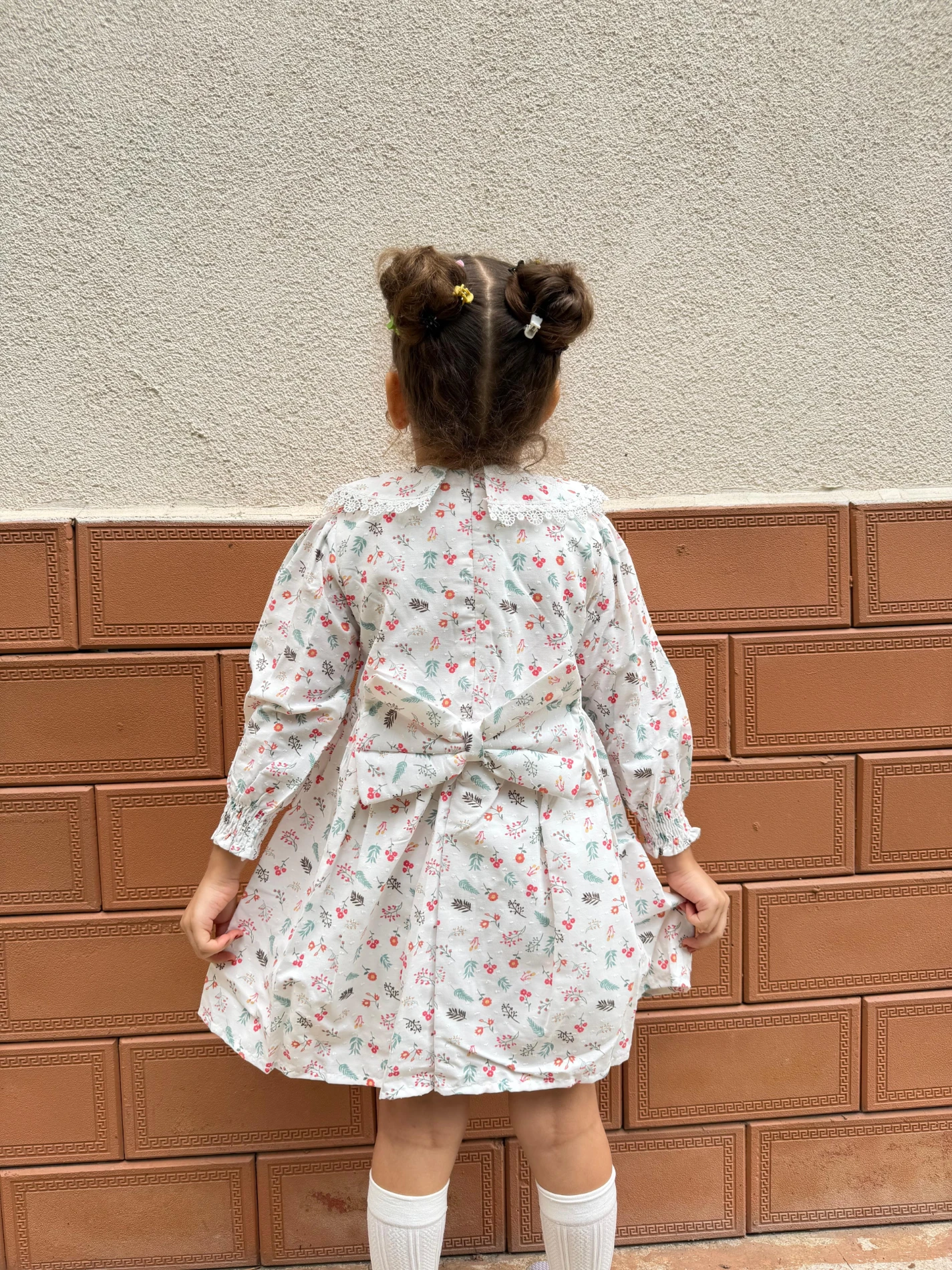  Kız Bebek Elbise Uzun Kollu Yaprak Baskılı Doğum Günü Parti Düğün Özel Gün Abiye Kız Çocuk Elbise - PEMBE