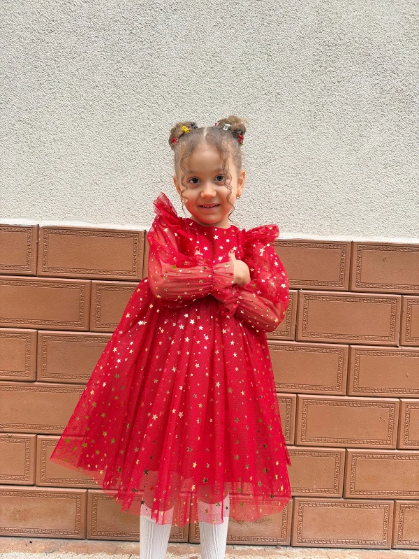 Kız Bebek Çocuk Yıldızlı Tüllü Uzun Kollu Penye Astarlı Doğum Günü Özel Gün Parti Bayramlık Elbise - KIRMIZI