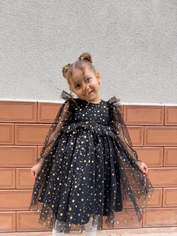 Kız Bebek Çocuk Yıldızlı Tüllü Uzun Kollu Penye Astarlı Doğum Günü Özel Gün Parti Bayramlık Elbise - SİYAH