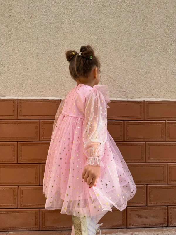 Kız Bebek Çocuk Yıldızlı Tüllü Uzun Kollu Penye Astarlı Doğum Günü Özel Gün Parti Bayramlık Elbise - PEMBE