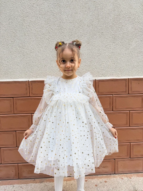 Kız Bebek Çocuk Yıldızlı Tüllü Uzun Kollu Penye Astarlı Doğum Günü Özel Gün Parti Bayramlık Elbise - BEYAZ