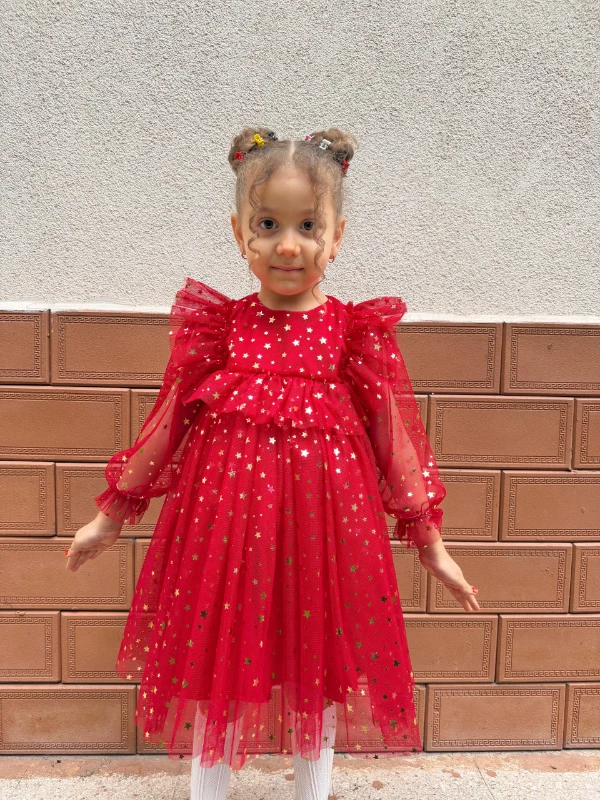 Kız Bebek Çocuk Yıldızlı Tüllü Uzun Kollu Penye Astarlı Doğum Günü Özel Gün Parti Bayramlık Elbise - KIRMIZI