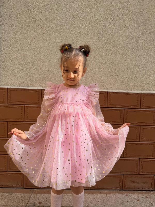 Kız Bebek Çocuk Yıldızlı Tüllü Uzun Kollu Penye Astarlı Doğum Günü Özel Gün Parti Bayramlık Elbise - PEMBE
