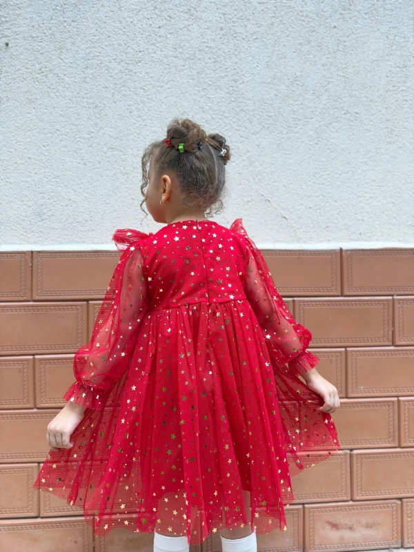 Kız Bebek Çocuk Yıldızlı Tüllü Uzun Kollu Penye Astarlı Doğum Günü Özel Gün Parti Bayramlık Elbise - KIRMIZI