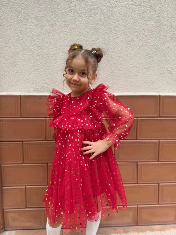 Kız Bebek Çocuk Yıldızlı Tüllü Uzun Kollu Penye Astarlı Doğum Günü Özel Gün Parti Bayramlık Elbise - KIRMIZI