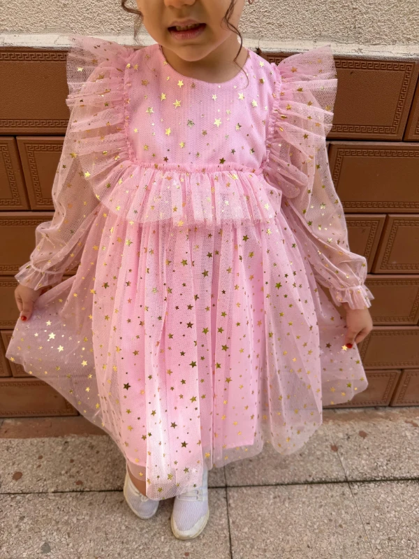 Kız Bebek Çocuk Yıldızlı Tüllü Uzun Kollu Penye Astarlı Doğum Günü Özel Gün Parti Bayramlık Elbise - PEMBE
