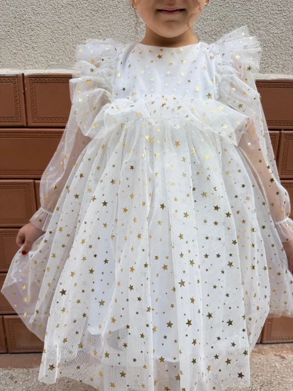 Kız Bebek Çocuk Yıldızlı Tüllü Uzun Kollu Penye Astarlı Doğum Günü Özel Gün Parti Bayramlık Elbise - BEYAZ