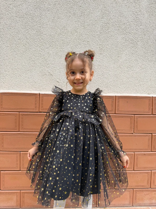 Kız Bebek Çocuk Yıldızlı Tüllü Uzun Kollu Penye Astarlı Doğum Günü Özel Gün Parti Bayramlık Elbise - SİYAH