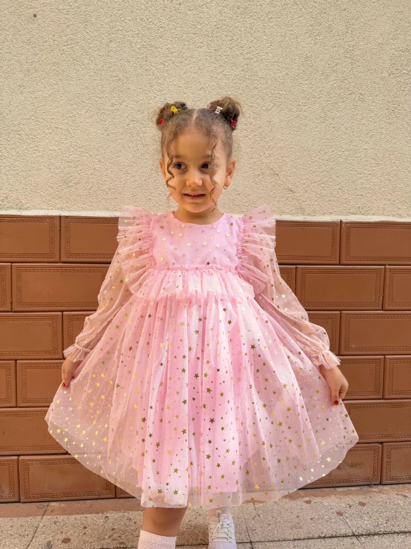 Kız Bebek Çocuk Yıldızlı Tüllü Uzun Kollu Penye Astarlı Doğum Günü Özel Gün Parti Bayramlık Elbise - PEMBE