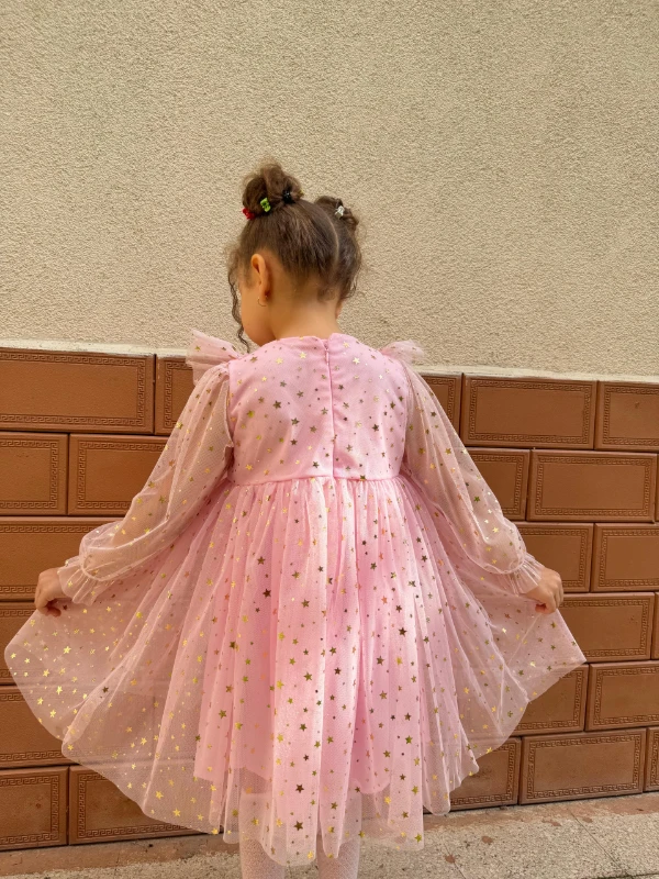 Kız Bebek Çocuk Yıldızlı Tüllü Uzun Kollu Penye Astarlı Doğum Günü Özel Gün Parti Bayramlık Elbise - PEMBE