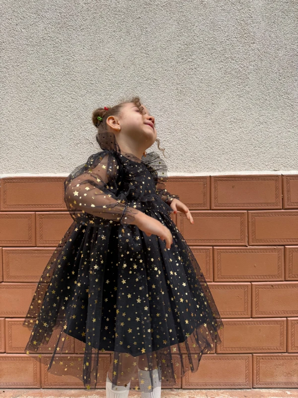 Kız Bebek Çocuk Yıldızlı Tüllü Uzun Kollu Penye Astarlı Doğum Günü Özel Gün Parti Bayramlık Elbise - SİYAH