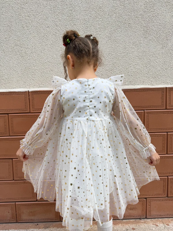 Kız Bebek Çocuk Yıldızlı Tüllü Uzun Kollu Penye Astarlı Doğum Günü Özel Gün Parti Bayramlık Elbise - BEYAZ