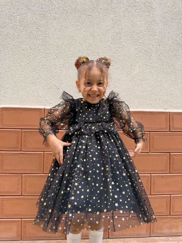 Kız Bebek Çocuk Yıldızlı Tüllü Uzun Kollu Penye Astarlı Doğum Günü Özel Gün Parti Bayramlık Elbise - SİYAH