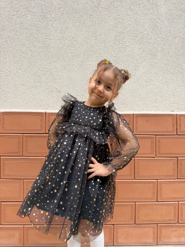 Kız Bebek Çocuk Yıldızlı Tüllü Uzun Kollu Penye Astarlı Doğum Günü Özel Gün Parti Bayramlık Elbise - SİYAH