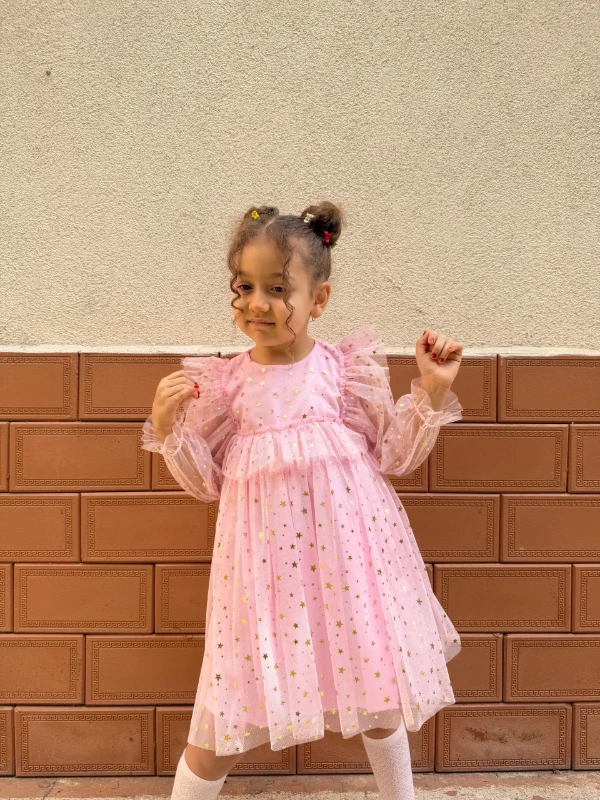 Kız Bebek Çocuk Yıldızlı Tüllü Uzun Kollu Penye Astarlı Doğum Günü Özel Gün Parti Bayramlık Elbise - PEMBE