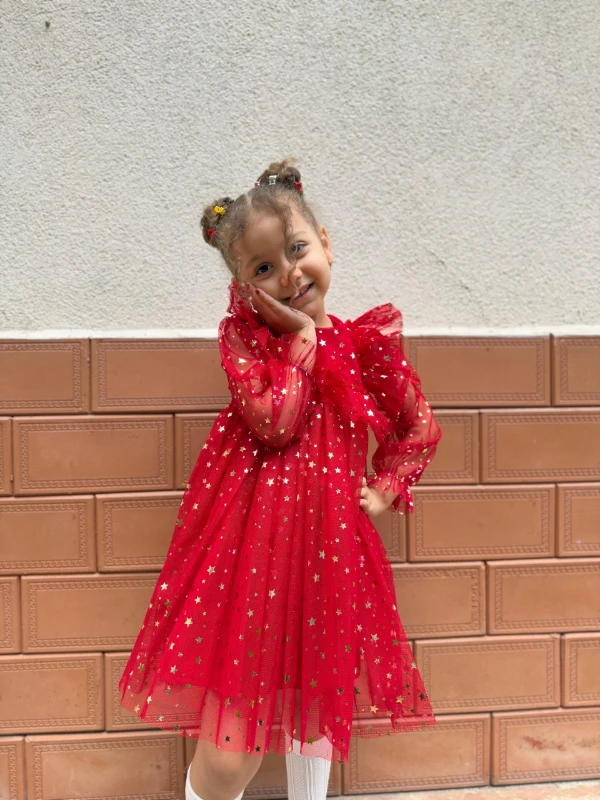 Kız Bebek Çocuk Yıldızlı Tüllü Uzun Kollu Penye Astarlı Doğum Günü Özel Gün Parti Bayramlık Elbise - KIRMIZI