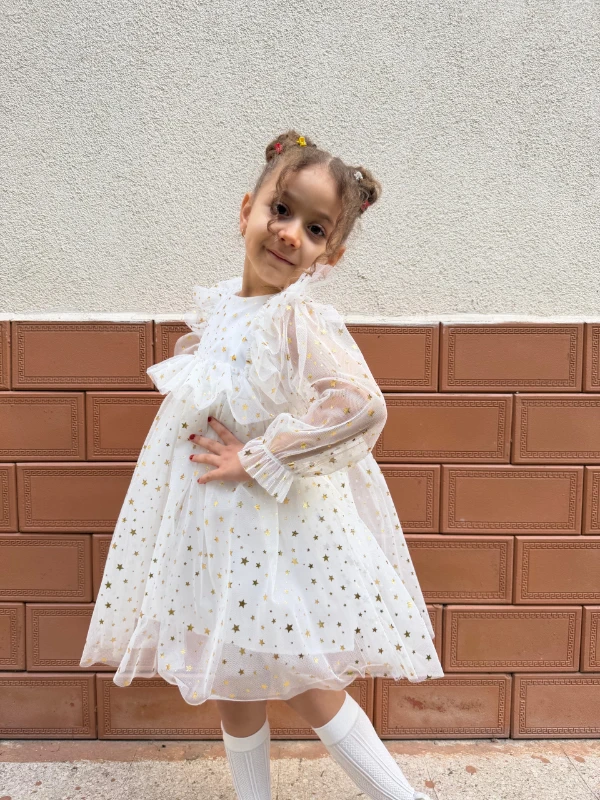 Kız Bebek Çocuk Yıldızlı Tüllü Uzun Kollu Penye Astarlı Doğum Günü Özel Gün Parti Bayramlık Elbise - BEYAZ
