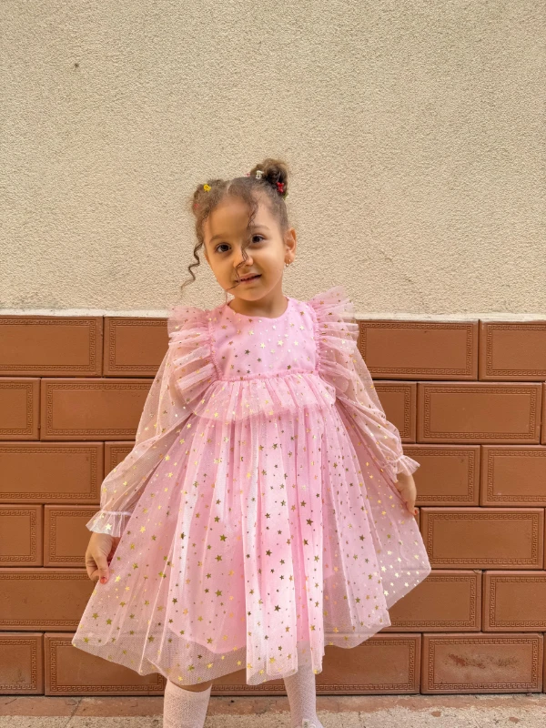Kız Bebek Çocuk Yıldızlı Tüllü Uzun Kollu Penye Astarlı Doğum Günü Özel Gün Parti Bayramlık Elbise - PEMBE