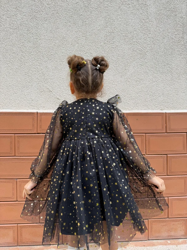 Kız Bebek Çocuk Yıldızlı Tüllü Uzun Kollu Penye Astarlı Doğum Günü Özel Gün Parti Bayramlık Elbise - SİYAH