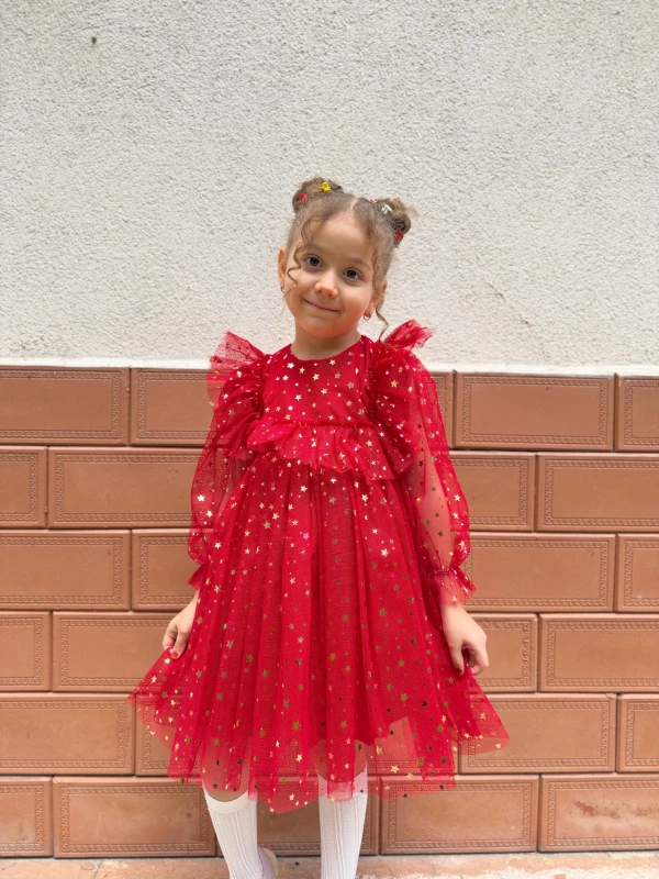 Kız Bebek Çocuk Yıldızlı Tüllü Uzun Kollu Penye Astarlı Doğum Günü Özel Gün Parti Bayramlık Elbise - KIRMIZI