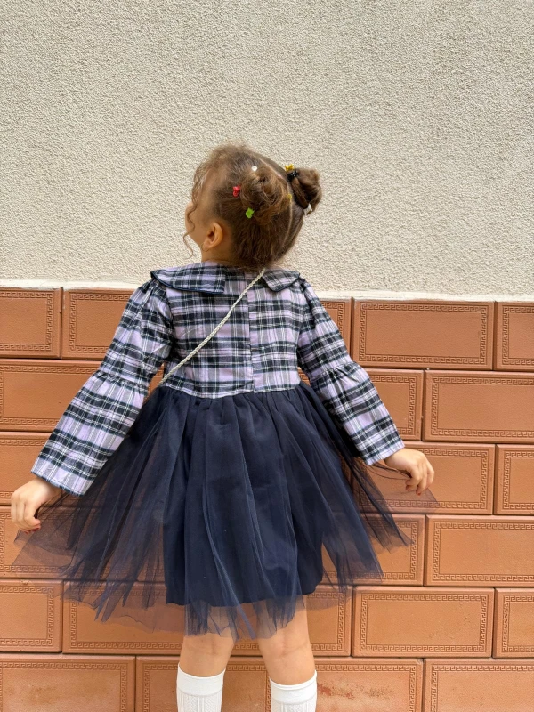  Kız Bebek Elbise Uzun Kollu Çantalı Doğum Günü Parti Düğün Özel Gün Abiye Kız Çocuk Elbise - MOR