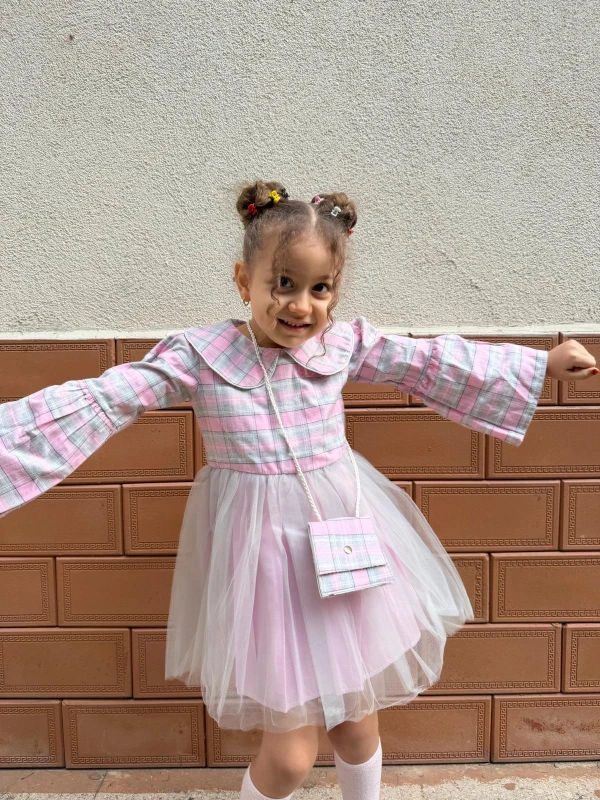  Kız Bebek Elbise Uzun Kollu Çantalı Doğum Günü Parti Düğün Özel Gün Abiye Kız Çocuk Elbise - PEMBE