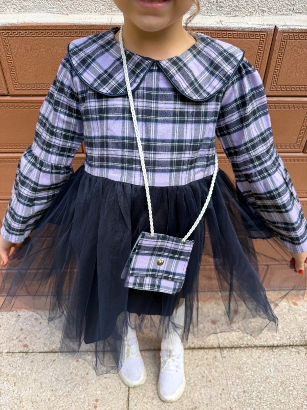  Kız Bebek Elbise Uzun Kollu Çantalı Doğum Günü Parti Düğün Özel Gün Abiye Kız Çocuk Elbise - MOR