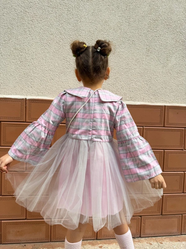  Kız Bebek Elbise Uzun Kollu Çantalı Doğum Günü Parti Düğün Özel Gün Abiye Kız Çocuk Elbise - PEMBE