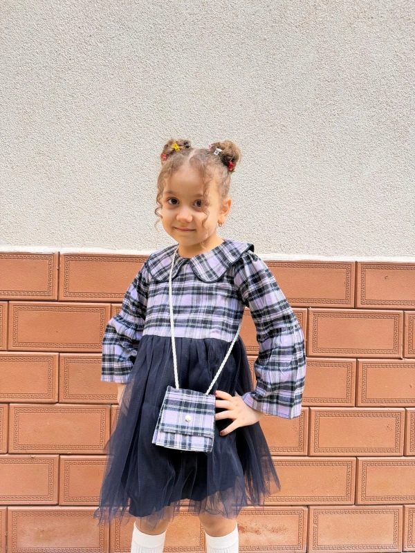  Kız Bebek Elbise Uzun Kollu Çantalı Doğum Günü Parti Düğün Özel Gün Abiye Kız Çocuk Elbise - MOR