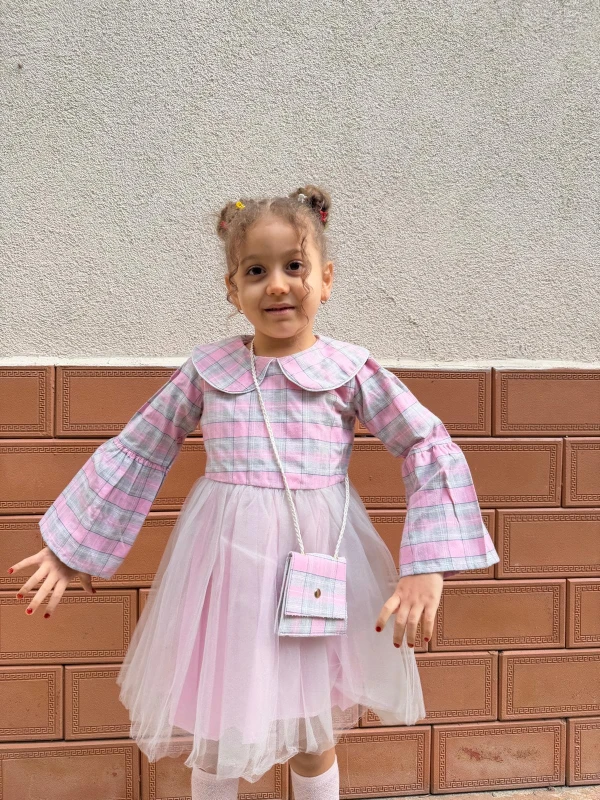  Kız Bebek Elbise Uzun Kollu Çantalı Doğum Günü Parti Düğün Özel Gün Abiye Kız Çocuk Elbise - PEMBE