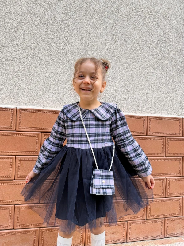  Kız Bebek Elbise Uzun Kollu Çantalı Doğum Günü Parti Düğün Özel Gün Abiye Kız Çocuk Elbise - MOR