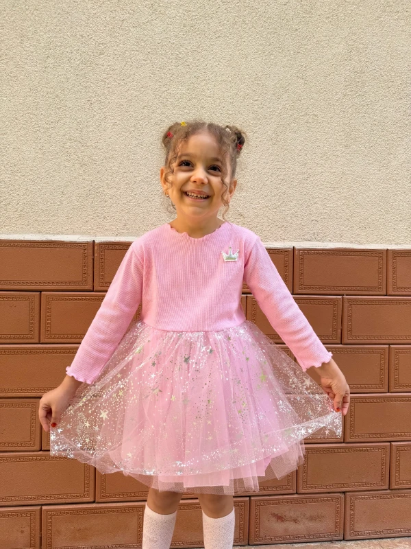  Kız Bebek Elbise Uzun Kollu Prenses Yıldız Doğum Günü Parti Düğün Özel Gün Abiye Kız Çocuk Elbise - PEMBE