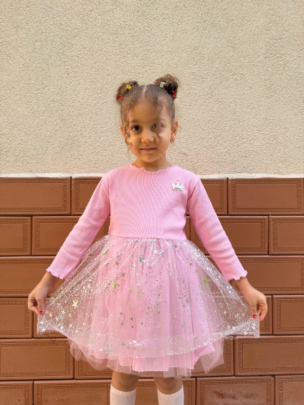  Kız Bebek Elbise Uzun Kollu Prenses Yıldız Doğum Günü Parti Düğün Özel Gün Abiye Kız Çocuk Elbise - PEMBE