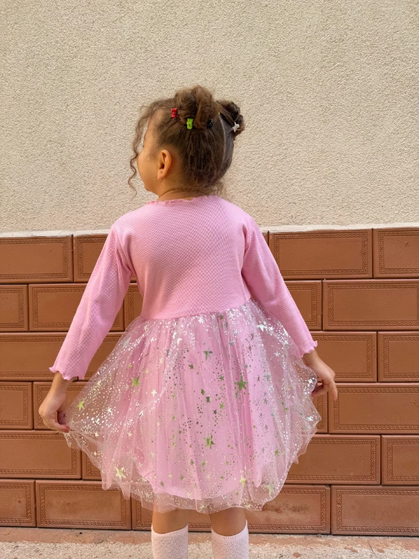  Kız Bebek Elbise Uzun Kollu Prenses Yıldız Doğum Günü Parti Düğün Özel Gün Abiye Kız Çocuk Elbise - PEMBE