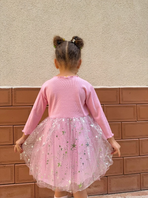  Kız Bebek Elbise Uzun Kollu Prenses Yıldız Doğum Günü Parti Düğün Özel Gün Abiye Kız Çocuk Elbise - PEMBE