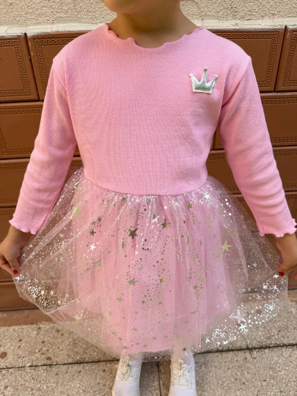  Kız Bebek Elbise Uzun Kollu Prenses Yıldız Doğum Günü Parti Düğün Özel Gün Abiye Kız Çocuk Elbise - PEMBE