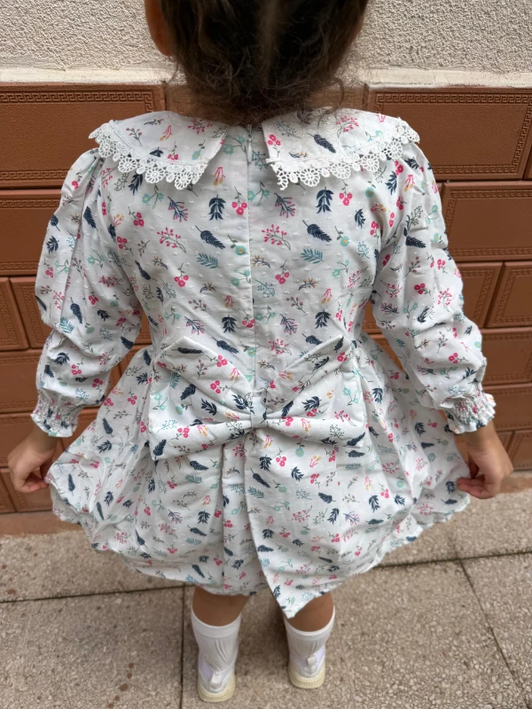  Kız Bebek Elbise Uzun Kollu Yaprak Baskılı Doğum Günü Parti Düğün Özel Gün Abiye Kız Çocuk Elbise - MAVİ