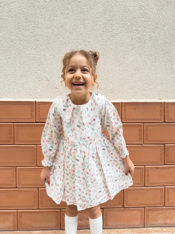  Kız Bebek Elbise Uzun Kollu Yaprak Baskılı Doğum Günü Parti Düğün Özel Gün Abiye Kız Çocuk Elbise - PEMBE