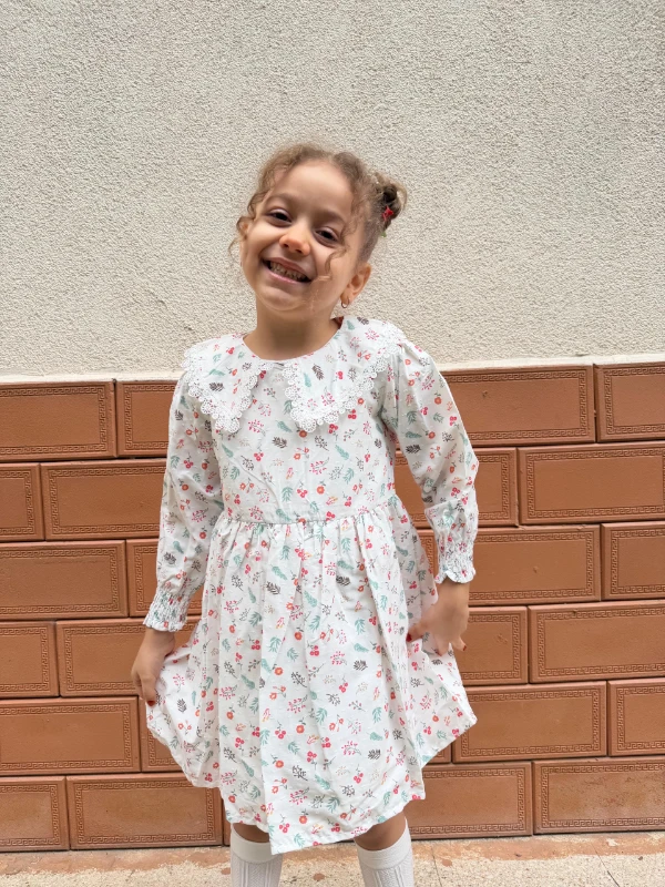  Kız Bebek Elbise Uzun Kollu Yaprak Baskılı Doğum Günü Parti Düğün Özel Gün Abiye Kız Çocuk Elbise - PEMBE