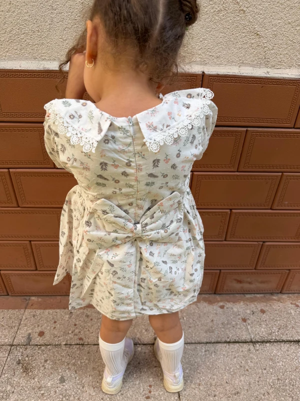  Kız Bebek Elbise Uzun Kollu Yaprak Baskılı Doğum Günü Parti Düğün Özel Gün Abiye Kız Çocuk Elbise - YEŞİL