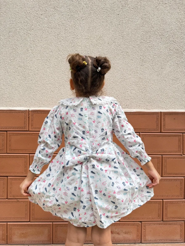  Kız Bebek Elbise Uzun Kollu Yaprak Baskılı Doğum Günü Parti Düğün Özel Gün Abiye Kız Çocuk Elbise - MAVİ