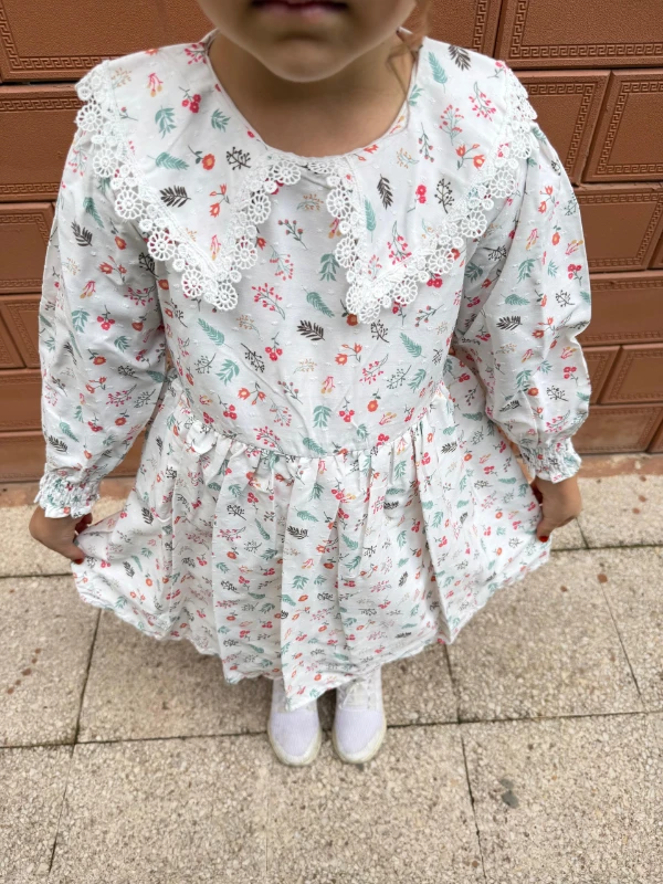  Kız Bebek Elbise Uzun Kollu Yaprak Baskılı Doğum Günü Parti Düğün Özel Gün Abiye Kız Çocuk Elbise - PEMBE